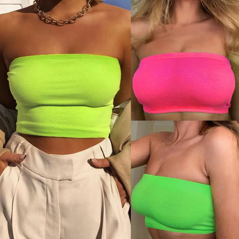 Women Chest Wrap Crop Top Neon Solid Color