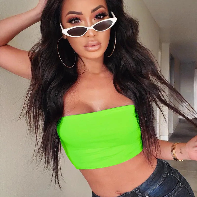 Women Chest Wrap Crop Top Neon Solid Color